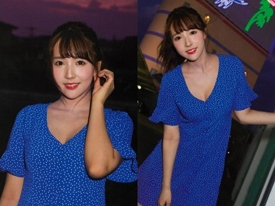 三上悠亜 写真集撮影時に着用した私物の青地に白ドットのワンピース1-horz